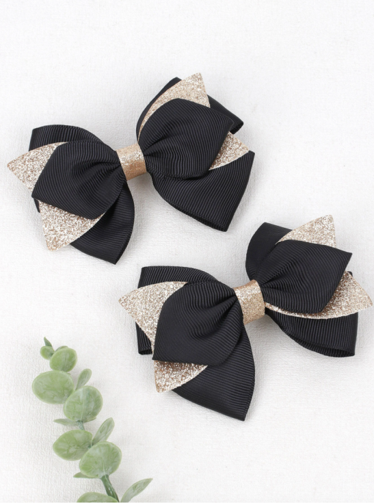 Elegante Haarspangen, Schleifen-Haarspangen, Mädchen Accessoires, Haarschmuck für Kinder, stylische Haarspangen, Schwarz mit Goldglitter, Alltags- und Festtagsaccessoire, hochwertige Kindermode, Schmuck für empfindliche Haut.