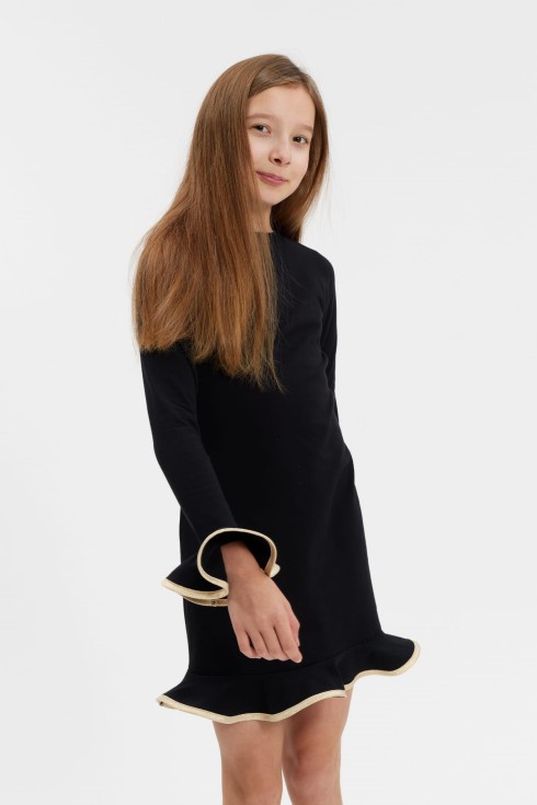 Elegantes Mädchenkleid Liza in Schwarz mit goldenen Rüschen