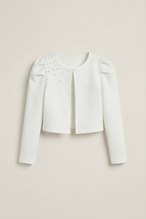 Kinderbolero Giorgia, Perlen Bolero, Ecru Kinderbekleidung, Mädchen Festmode, Elegante Kinderkleidung, Festliche Kinderboleros, Bolero mit Perlen, Kinder Garderobe, Mädchenbolero, Festbekleidung Kinder