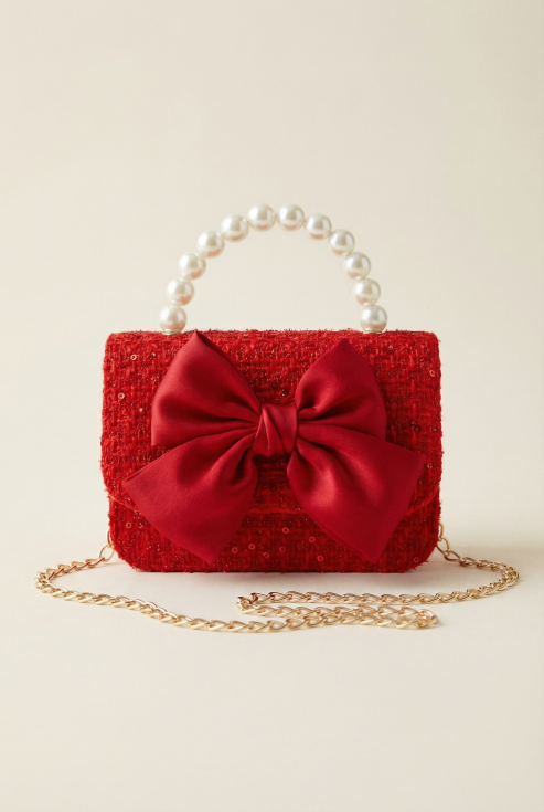 Mädchentasche, rote Tasche, Perlengriff, Tasche mit Schleife, Kindertasche, festliche Tasche, Prinzessin Accessoire, elegante Mädchentasche