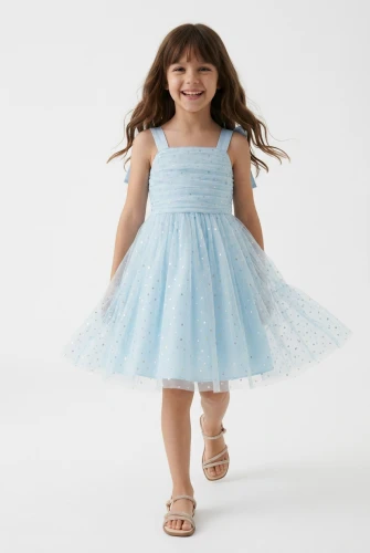 Rina – festliches Trägerkleid in Hellblau mit Glitzertüll und Schleifen