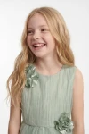 Langes Mädchenkleid Bella in Salbeigrün mit 3D-Blüten