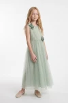 Langes Mädchenkleid Bella in Salbeigrün mit 3D-Blüten