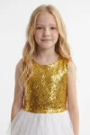 Paillettenkleid Riva in Weiß-Gold – ärmelloses Paillettenoberteil und weißer Tüll – Vorderansicht bis zur Taille