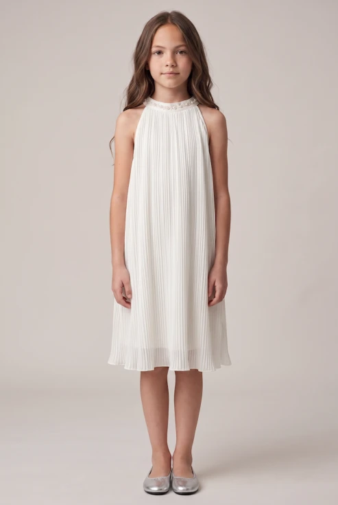 Plisseekleid Rozalia in Weiß für Mädchen – Neckholder-Kragen mit Perlen – Ganzkörperansicht von vorn