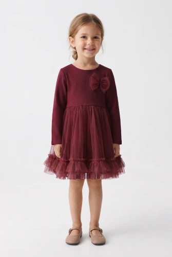 Festliches Tüllkleid Iga für Mädchen in Bordeaux – mit langen Ärmeln und Rüschen, zu Weihnachten