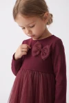 Tüllkleid Iga in Bordeaux – Jersey-Oberteil mit Tüllschleife – Nahaufnahme
