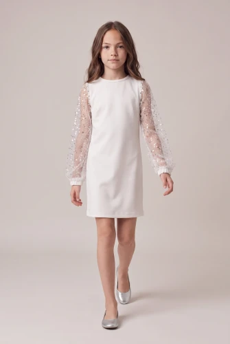 Elegantes Langarmkleid Vivienne für Mädchen in Weiß – Tüllärmel mit Pailletten, zur Kommunion