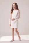 Kleid Vivienne in Weiß – weite Tüllärmel mit Pailletten und geraffte Bündchen – Vorderansicht